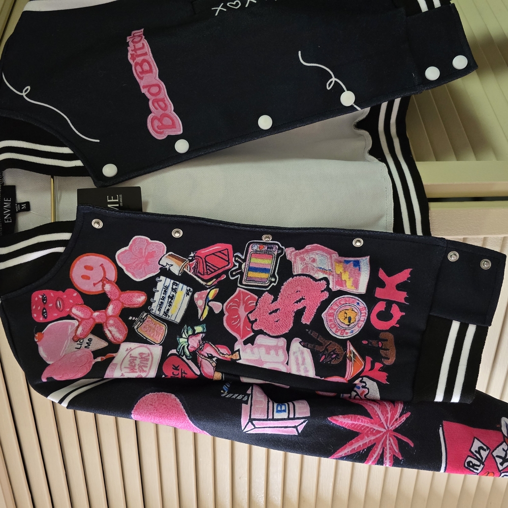 Black and Pink Graphic Varsity Jacket